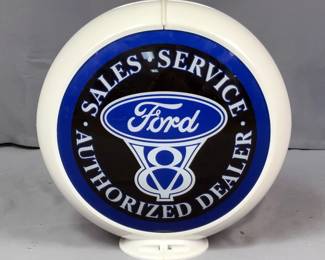 Ford V-8 Authorized Dealer Glass Gas Pump Globe, 16.25" Tall 16" Wide