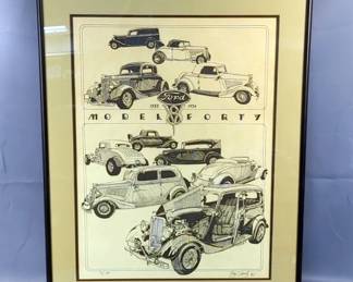 Limited Edition Signed Guy Shively "Model Forty" Ford Pencil Sketches, Numbered And Framed, 51/300, Approx 28.5" x 22.5"