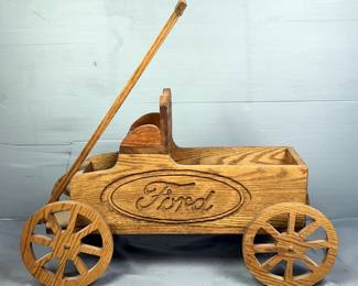 Custom Made Wood Ford Wagon With 8-Spoke Wheels And Pull Handle, 20" x 31" x 13"
