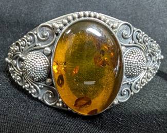 Suarti Sterling Silver Amber Cabochon Cuff Bracelet, Marked 925 BA Indonesia