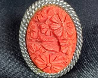 Amy Kahn Russell Sterling Silver And Floral Carved Red Coral Ring, Marked 925 AKR CHINA, Sz 6.5