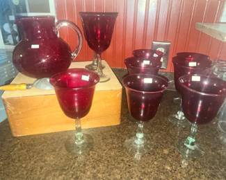 MID-CENTURY RUBY RED GOBLETS & PITCHER