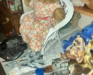 TEDDY BEAR IN WICKER CHAIR & BATTLESTAR GALACTICA FIGHTER