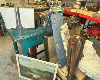 ANTIQUE PAINTED WOOD DESK (BEHIND ALL THE STUFF!)