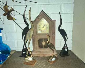 1960'S "EGRETS" HAND CARVED FROM HORN & ANTIQUE STEELE CLOCK