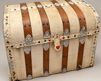 Victorian Era Camel-Back Dome-Top Steamer Trunk w/ Folk Art Engravings, Vertical Wooden Slats & Metal Hardware