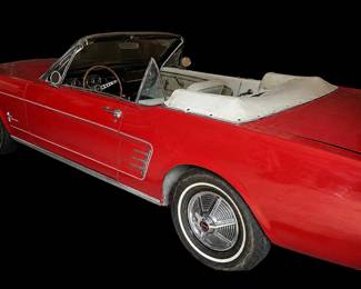 1966 Red Ford Mustang Convertible • 289 V8 Engine • Automatic Transmission • Shelby Valve Covers & Cobra Air Filter 2 Barrel Carburetor • Mileage Unknown (odometer reads 33,359 ; could be 133,359).