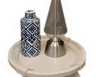 Circular Side Table, Glass Lamp And Decor