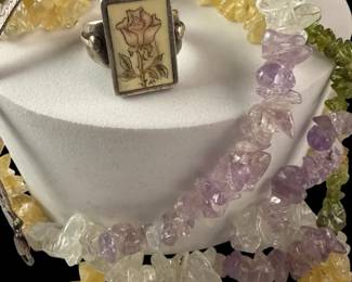 Semi Precious Multi Chips Necklace, Scrimshaw Sterling Ring,  Snake Bracelet