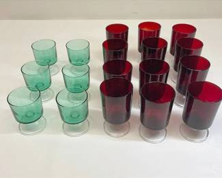 Vintage Luminaire French Ruby Wine Glasses And Luminaire Kelly Green Cordial Glasses