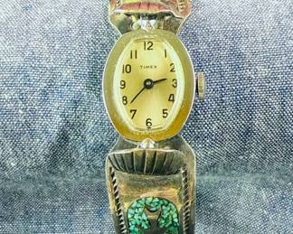Timex Watch  Signed TurquoiseCoral Chip Inlay Watch Band