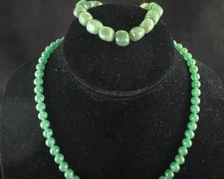 Jadeite Beaded Bracelet And Glass Beaded Necklace