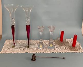Elegant Crystal And Glass Candle Votives, Silver Plate Snuffer, Vintage Christmas Teacup