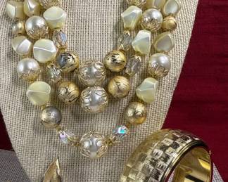 Crown Trifari Vintage Goldtone Brooch, Beaded Choker  Goldtone Cuff