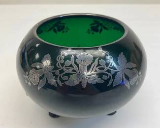 Vintage Viking Glass Vase, Dark Green With Silver Overlay