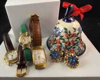 Ladies Gruen Tank Watch, Blue Rhinestone Scatter Pins,  Polish Bell