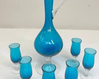 Vintage Teal Empoli Glass Decanter And Six Cordial Glasses
