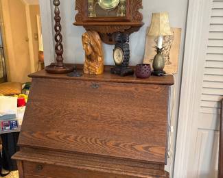 Vintage oak slant front secretary desk