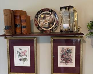 Wood shelf, antique books and ilustrations