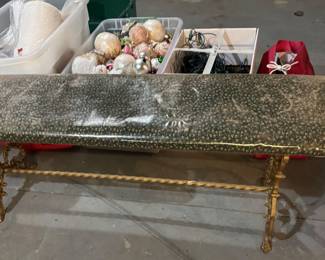 Victorian long Iron & fabric bench - fabric has been covered in plastic