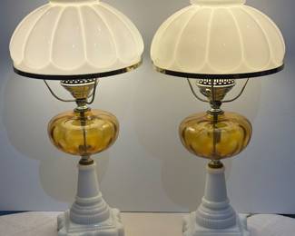 Vintage pair amber/milk glass lamps