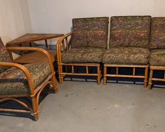 Vintage Bamboo/Rattan 3 pc sofa - arm chair - a corner table with Arts & Crafts Pattern Tapestry Fabric Cushions