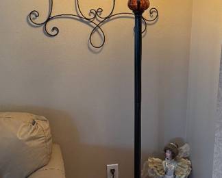 Floor lamp, doll & wall art