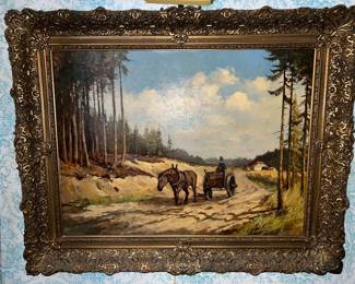 Horse and wagon on a path, Oil Painting