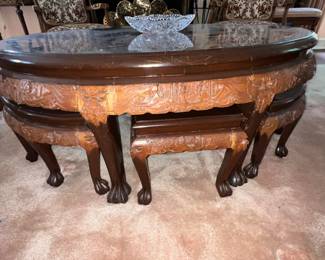 CHINESE CARVED CAMPHORWOOD  LOW TABLE AND SIX STOOLS 
