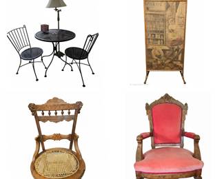 Wrought iron bristol set, french standing screen, east lake chair.