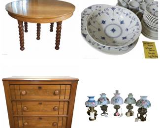 Oak Table. Churchill Finlandia Dinning Set, Walnut Chest, Hurricane Lamps,