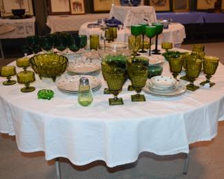Green Glassware and Green and White Dishes