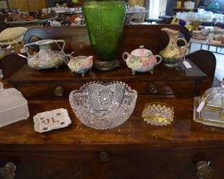 Green Vase is Loetz "Crete Chine", Frosted Dish is Tiara "Honey Bee", Some Nippon and Roseville