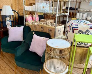 Pillows, chairs, lamps, side tables, candles