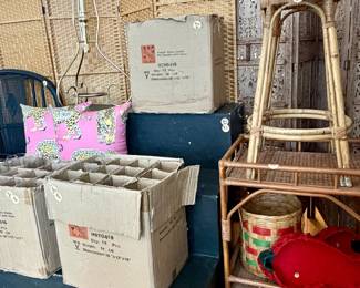 Photography props, bar cart, whicker stools, brass plant stand, pillows