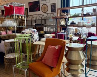 Chairs, side tables, lamps, candles, wedding items, plant stands, decor