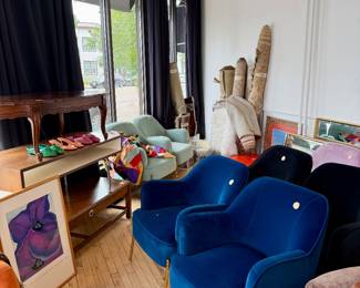 Chairs, art, coffee tables, rugs, ottomans