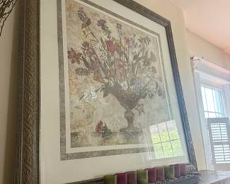 Large framed floral still life painting with ornate wood frame