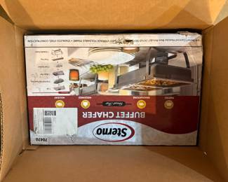 Sterno buffet chafer set in original box, stainless steel construction