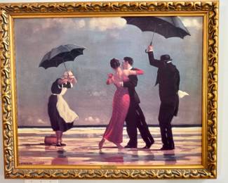 framed art print of "The Singing Butler" (1992) by Scottish artist Jack Vettriano, featuring an ornate, antique gold-toned frame