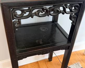 1930s Oriental Mahogany Side Table with Hand-Carved Marble Top