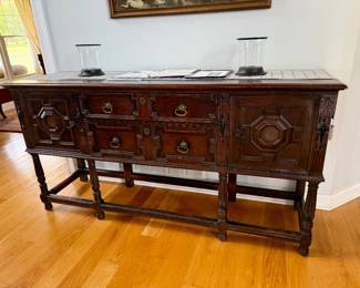 vintage Jacobean Revival style wood sideboard or buffet cabinet