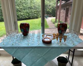Gold Rimmed glass ware,  Amber cut to clear Bohemian cut crystal