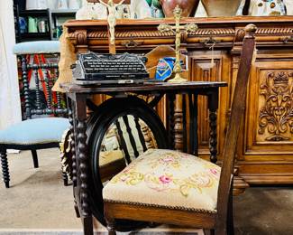 Barley twist tables, crucifixes, typewriter