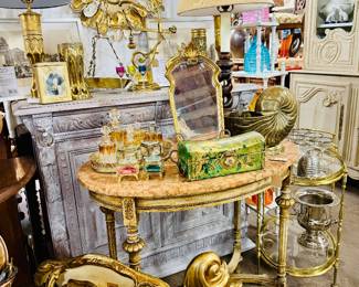 French marble table, bar cart, enfilade