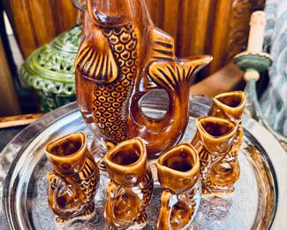 French Fish pitcher and shot glasses