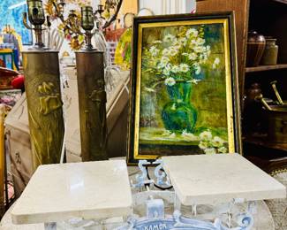 Trench art lamps, oil painting, antique scale
