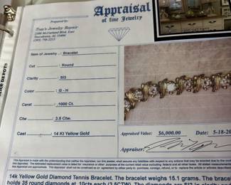 Appraisal is $6,000 for this tennis bracelet, it is available for, $4,200
