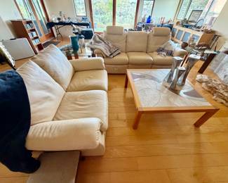Great vintage cream leather reclining Natuzzi sofa and loveseat