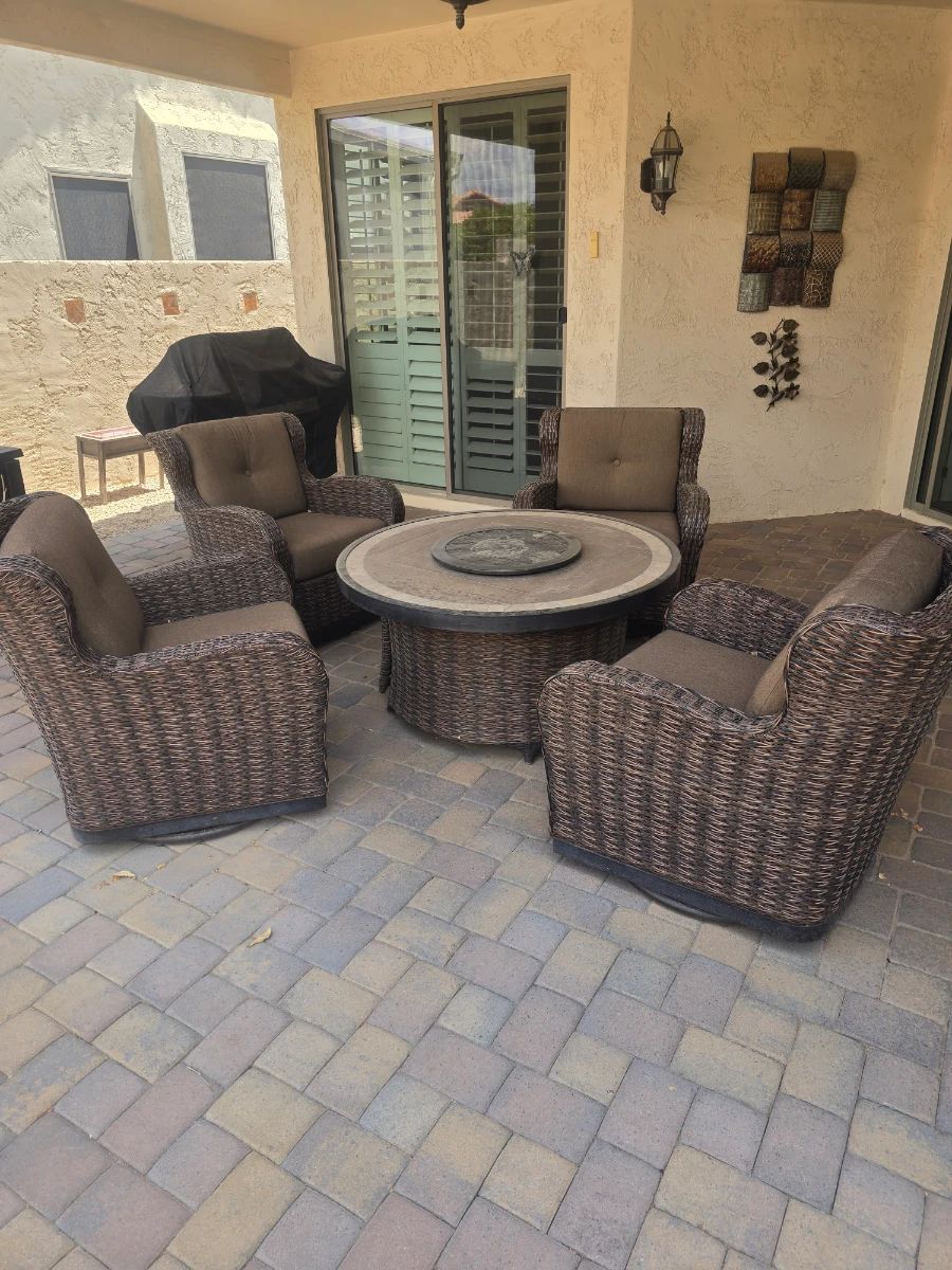 Woven Outdoor Seating with firepit table 4 chairs